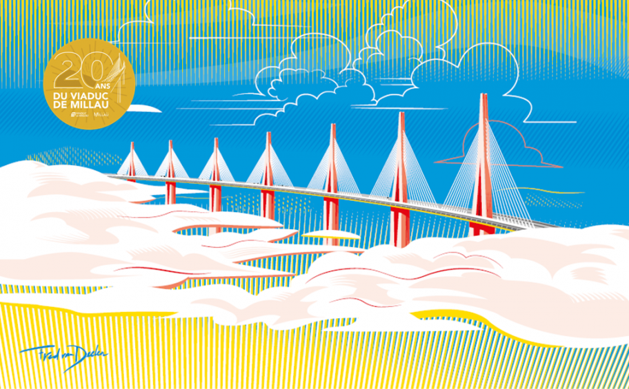 An event panel created for the 20th anniversary of the Millau Viaduct