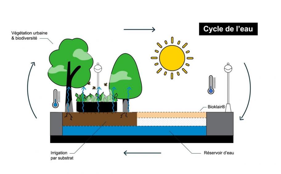 Eiffage Route aims at “Zero Net Artificialisation” with a key principle, based on the use of Bioklair® bio-sourced coating and the presence of water and vegetation, thus reducing the artificialisation of built-up areas